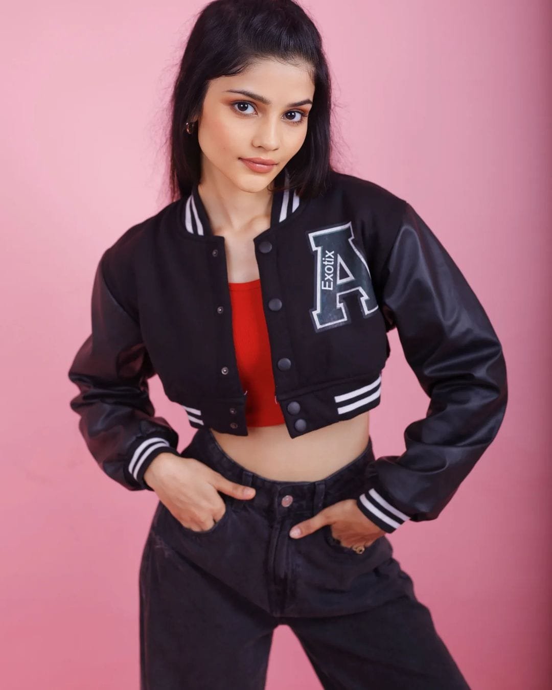 Exotix Black Crop Varsity Jacket For Women - image 2