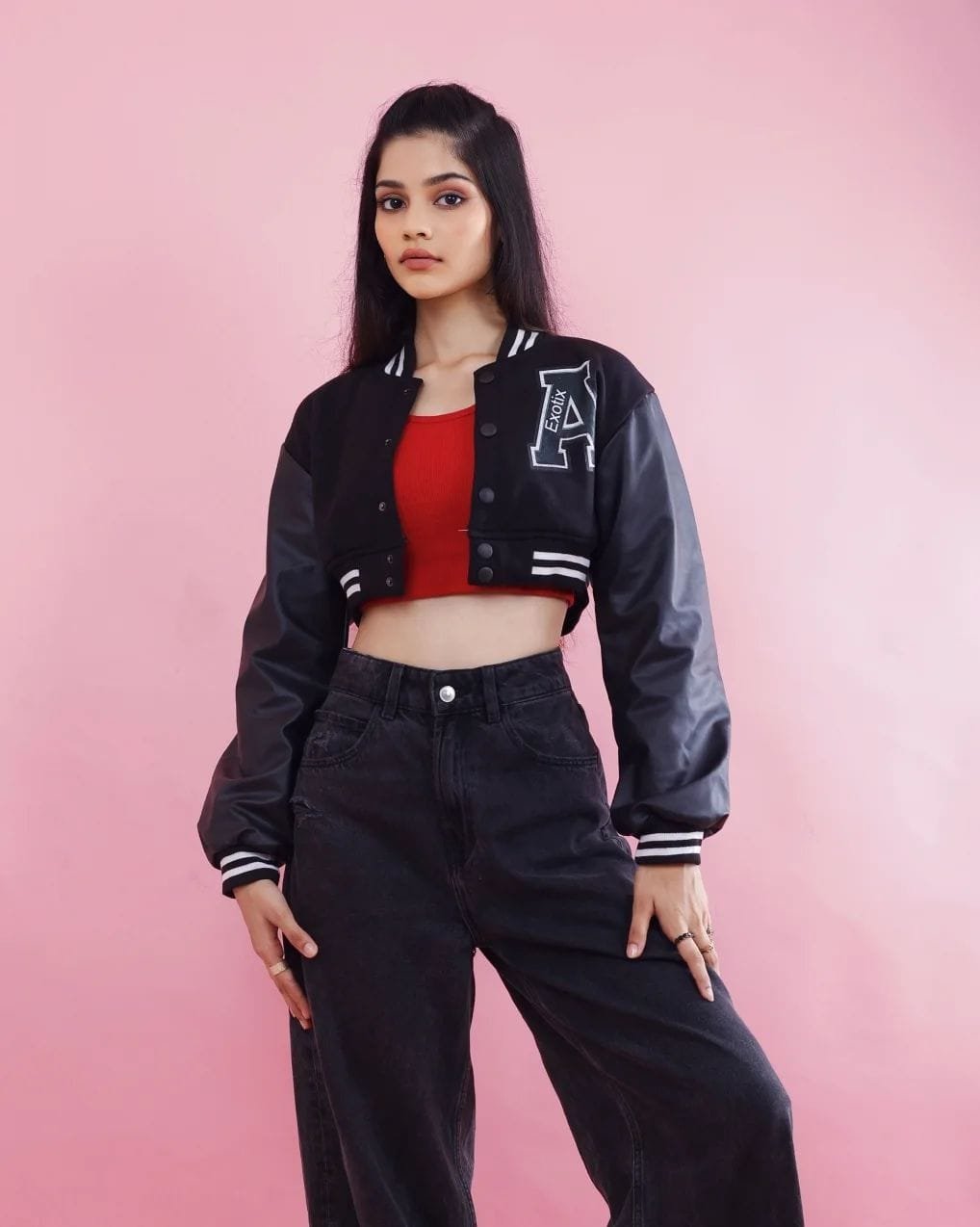 Exotix Black Crop Varsity Jacket For Women - image 3