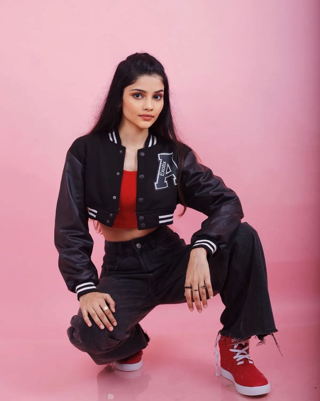 Exotix Black Crop Varsity Jacket For Women - image 4