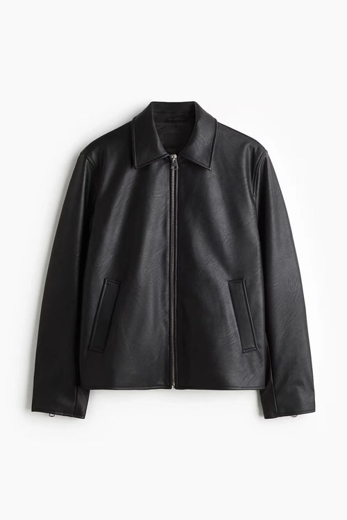 Black Boxy Leather Jacket - Cropped Fit
