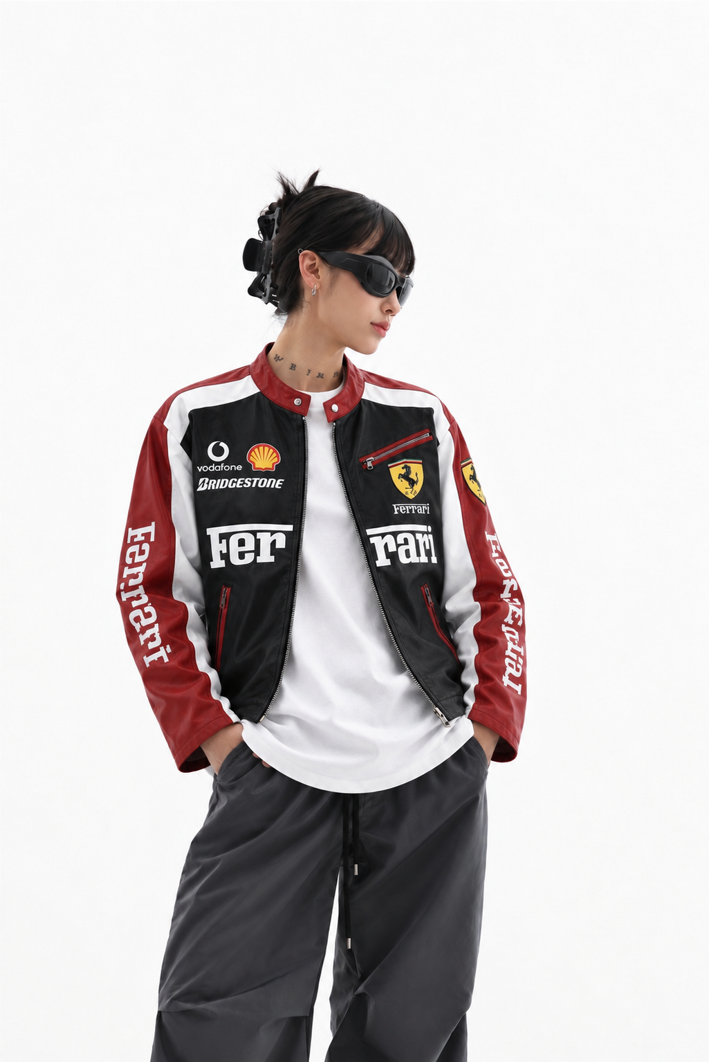 Close up highlighting the intricate racing paneling and premium faux leather on the Exotix vintage Formula 1 leather jacket
