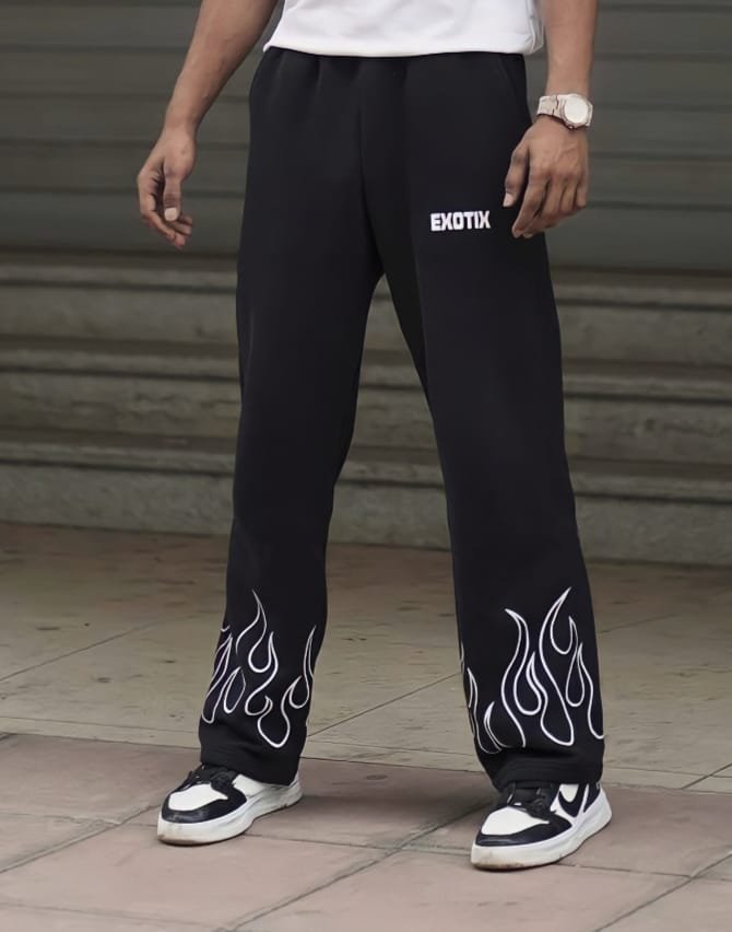 Flame Printed Black Straight Fit Baggy Pant | Fire Style by Exotix