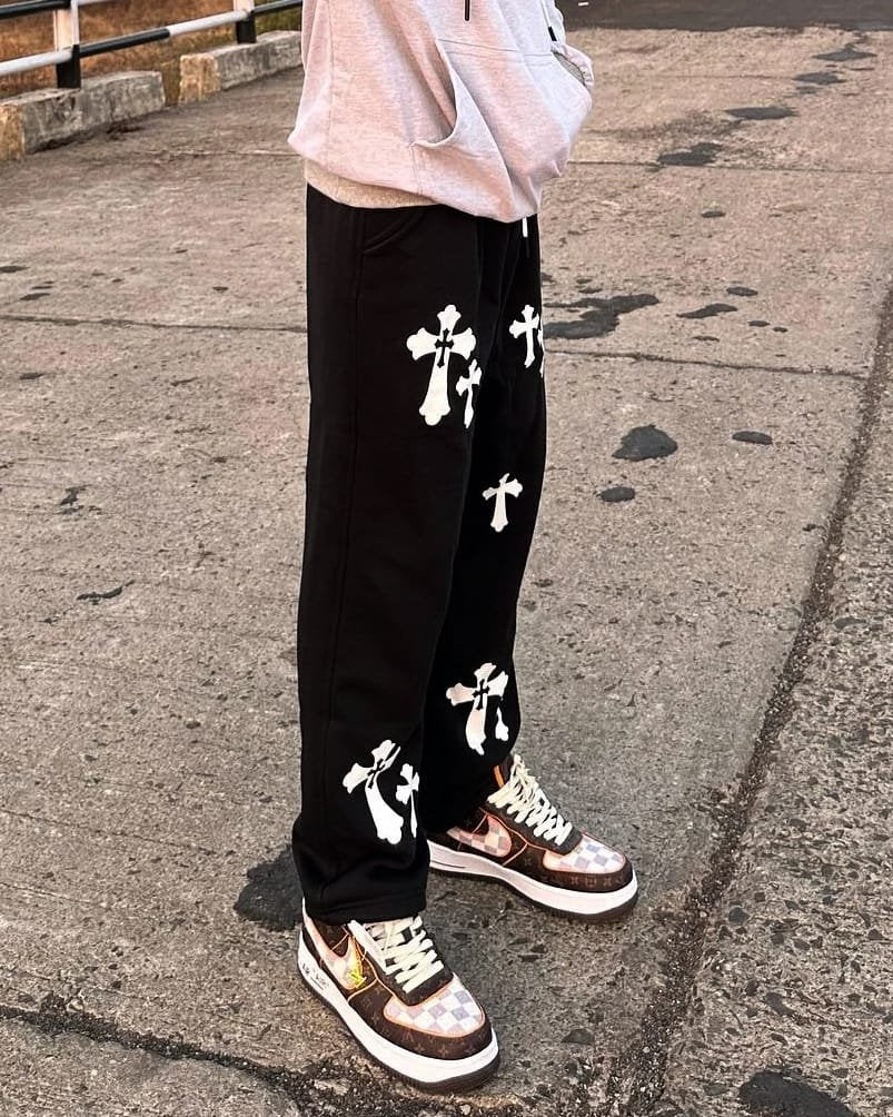 Exotix Aesthetic Straight fit Cross Printed Baggy Pant For Men's - image 3