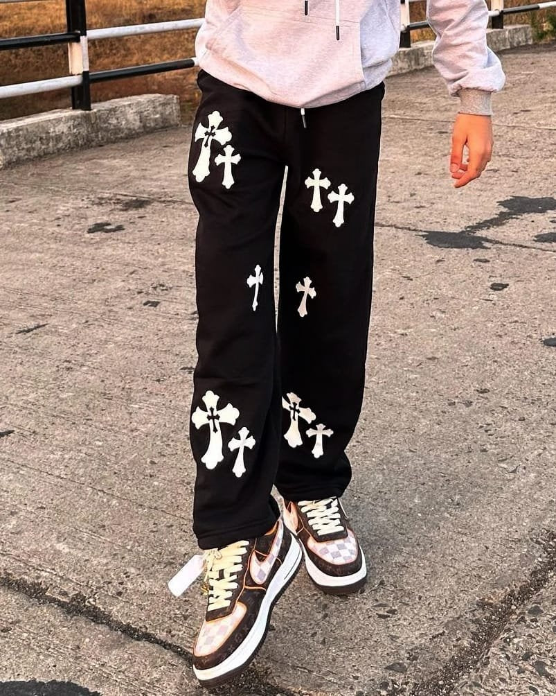 Exotix Aesthetic Straight fit Cross Printed Baggy Pant For Men's - image 2