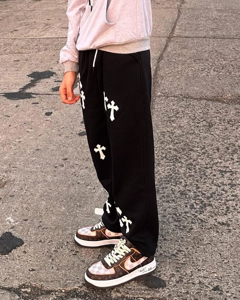 Exotix Aesthetic Straight fit Cross Printed Baggy Pant For Men's - image 4
