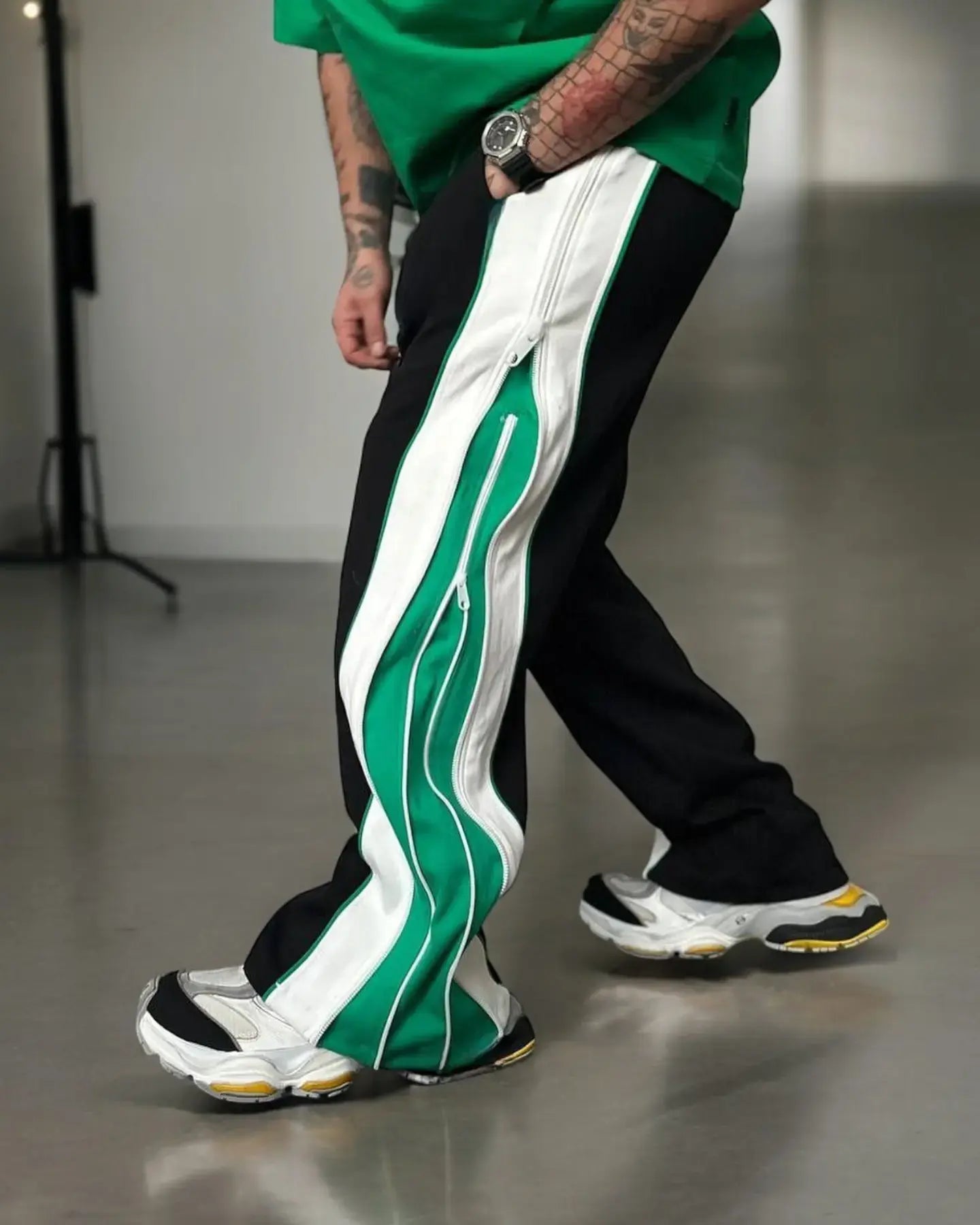 Exotix Green Straight Fit Baggy Pants 3 Way Zip Up Joggers
