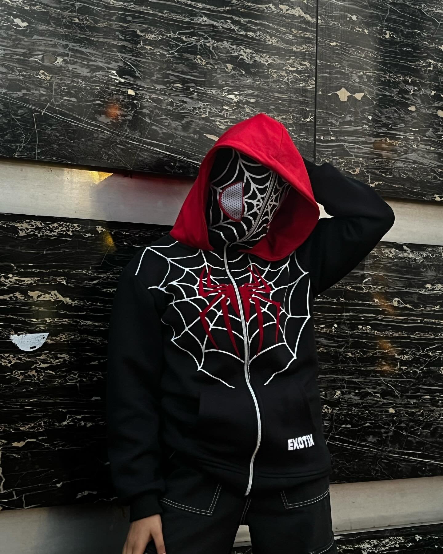 Black Double Cap Spider Man Full Zip Hoodie