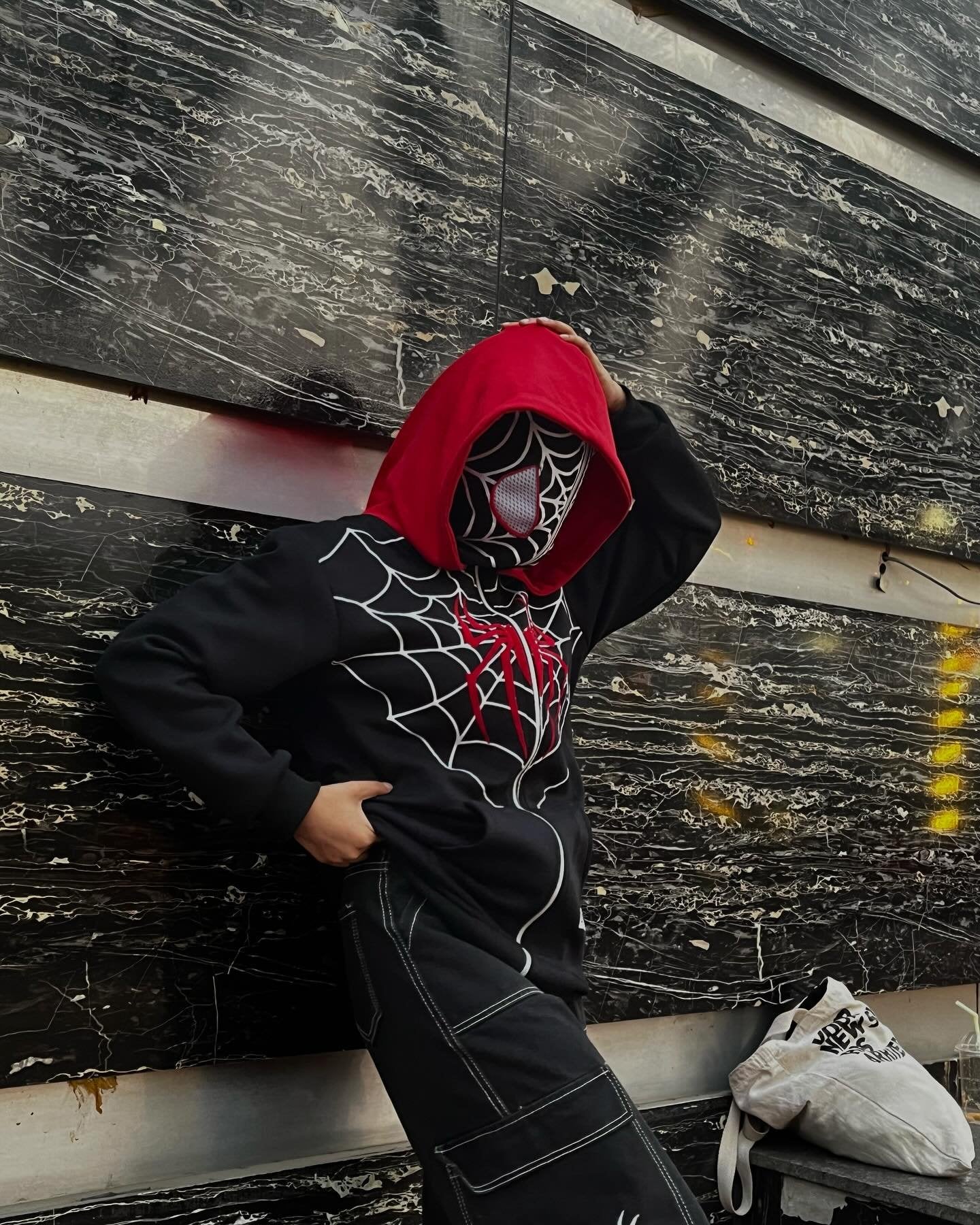 Black Double Cap Spider Man Full Zip Hoodie - image 6
