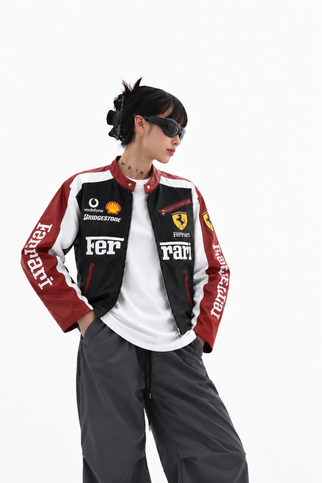Back profile of the women's Formula 1 Ferrari leather jacket demonstrating the modern, boxy drop-shoulder silhouette