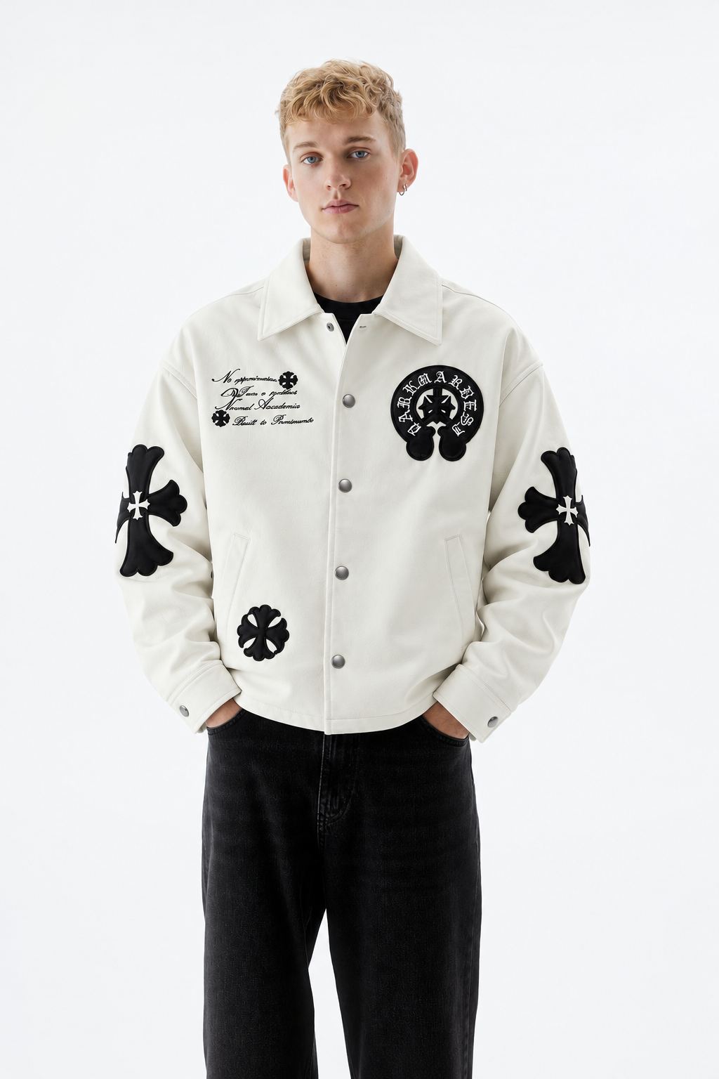 Streetwear styling shot of a boy wearing the oversized white cross patch trucker jacket paired with baggy cargo trousers