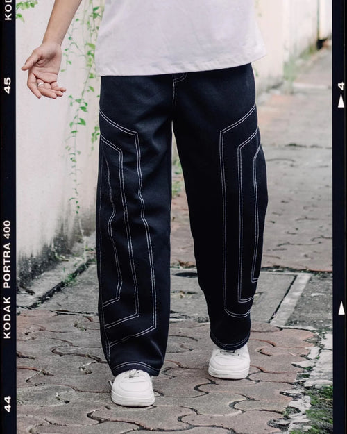 Black Contrast Stitch Baggy Track Pant