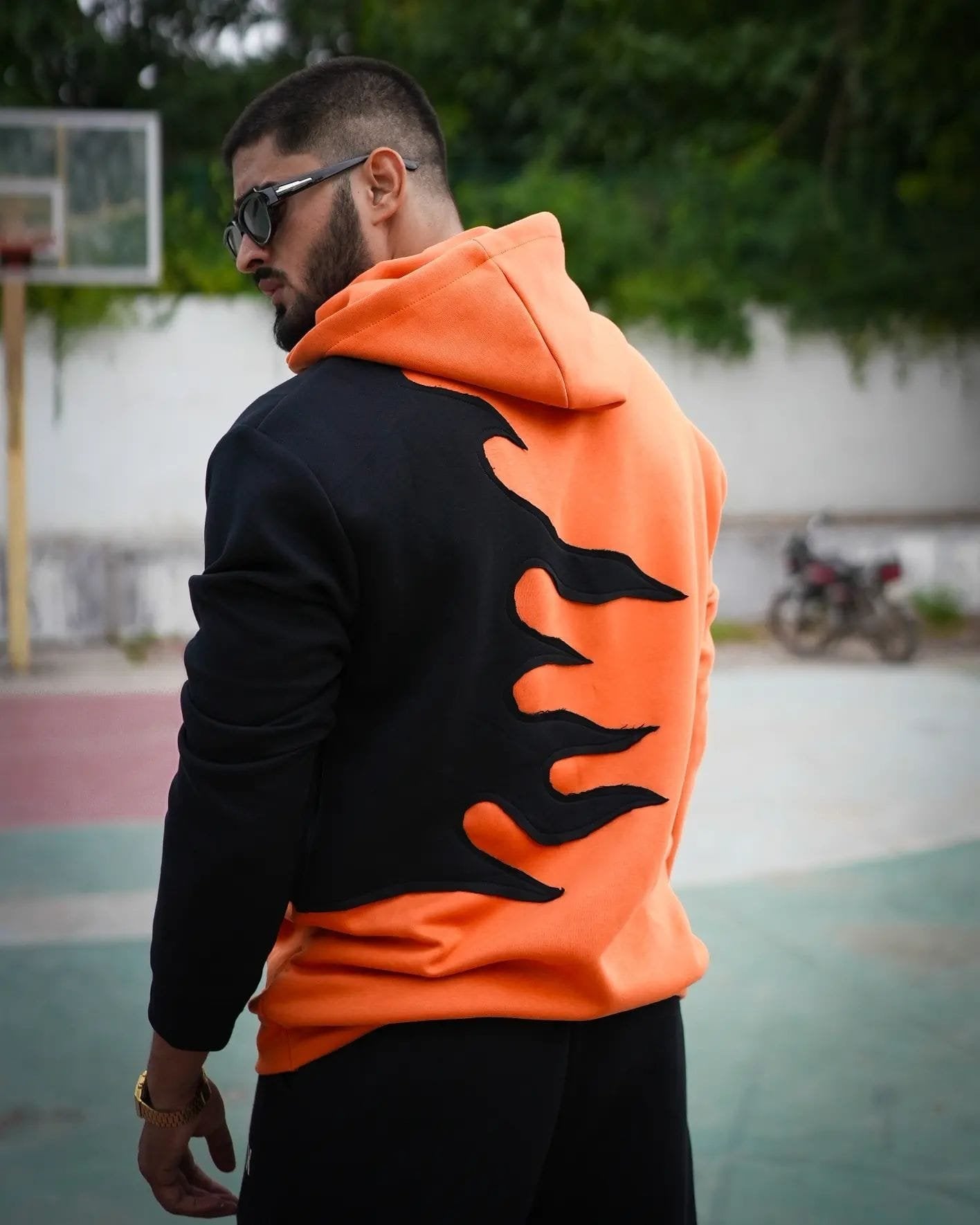Orange Black Fire Hoodie With Black Fire Track Pant - image 3
