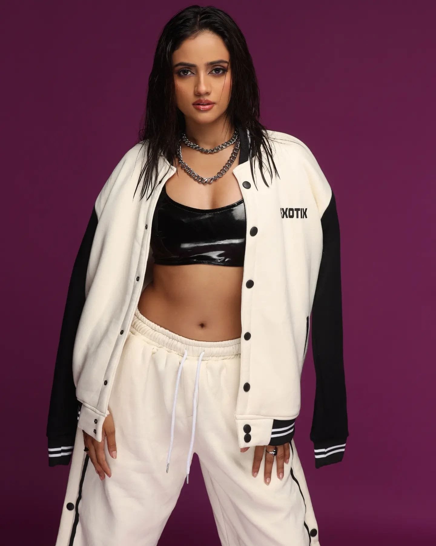 Exotix Cream and Black Varsity Co-ord Set for Women Modern Two Piece Athletic Outfit - image 3