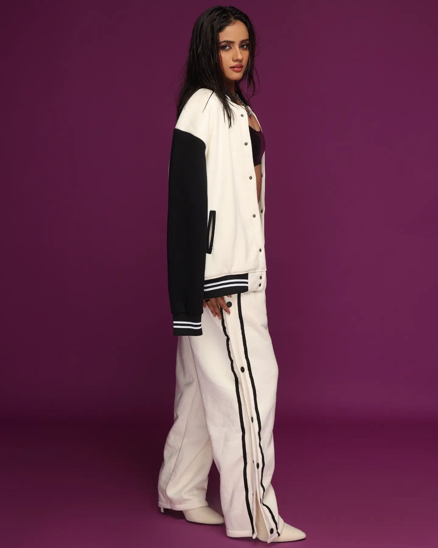 Exotix Cream and Black Varsity Co-ord Set for Women Modern Two Piece Athletic Outfit - image 4
