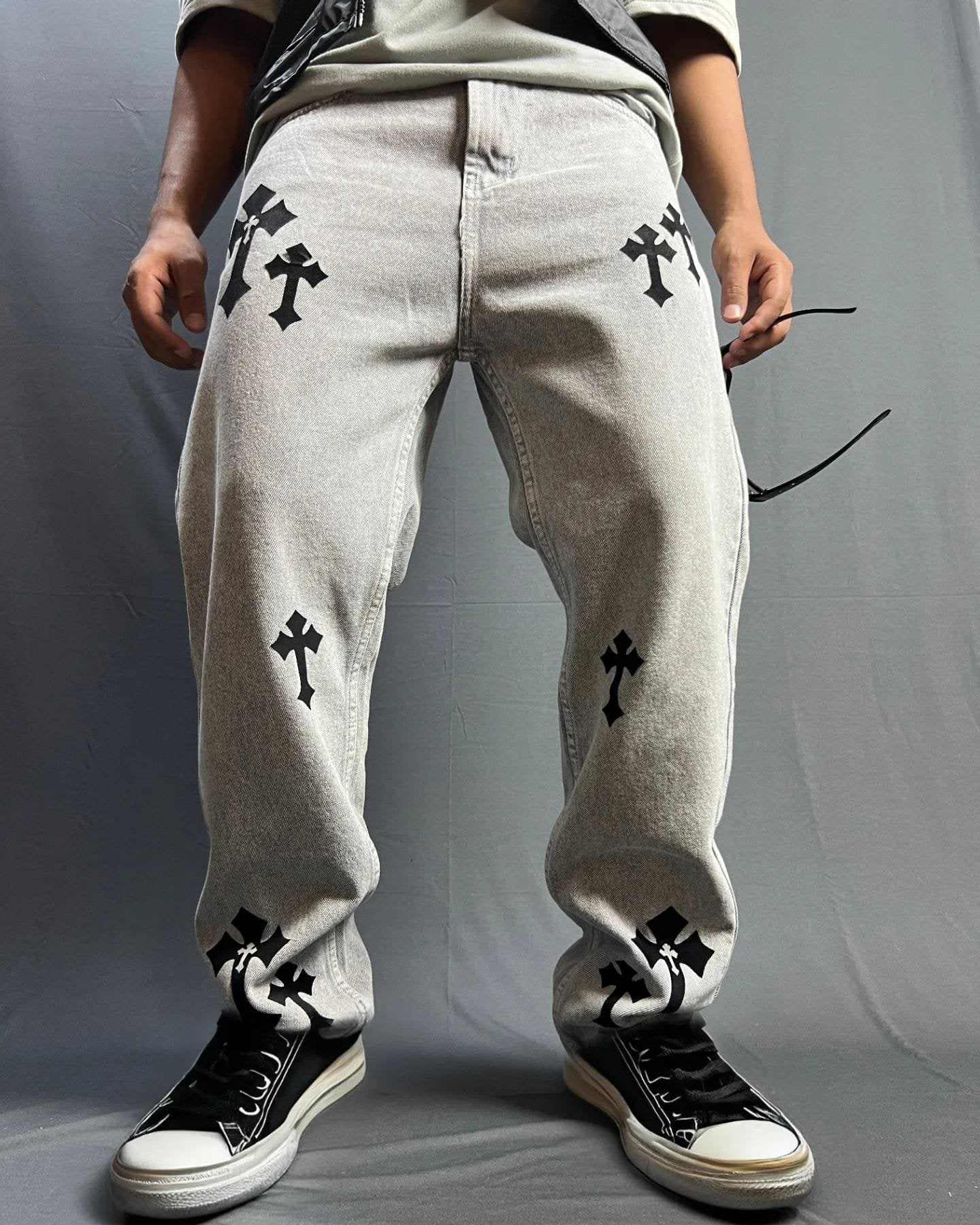 Cross Printed Baggy Jeans Vintage Streetwear Straight Fit Jeans - image 2