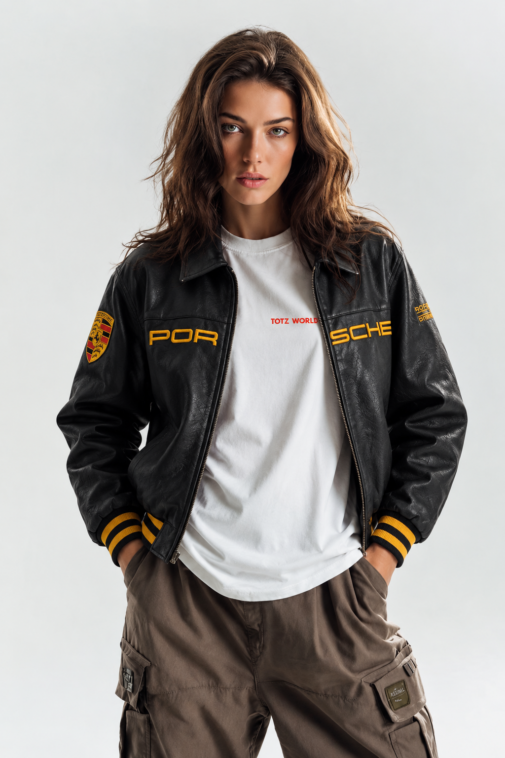 Close up front shot of the female model in the Exotix premium racing streetwear jacket, highlighting the smooth PU leather texture
