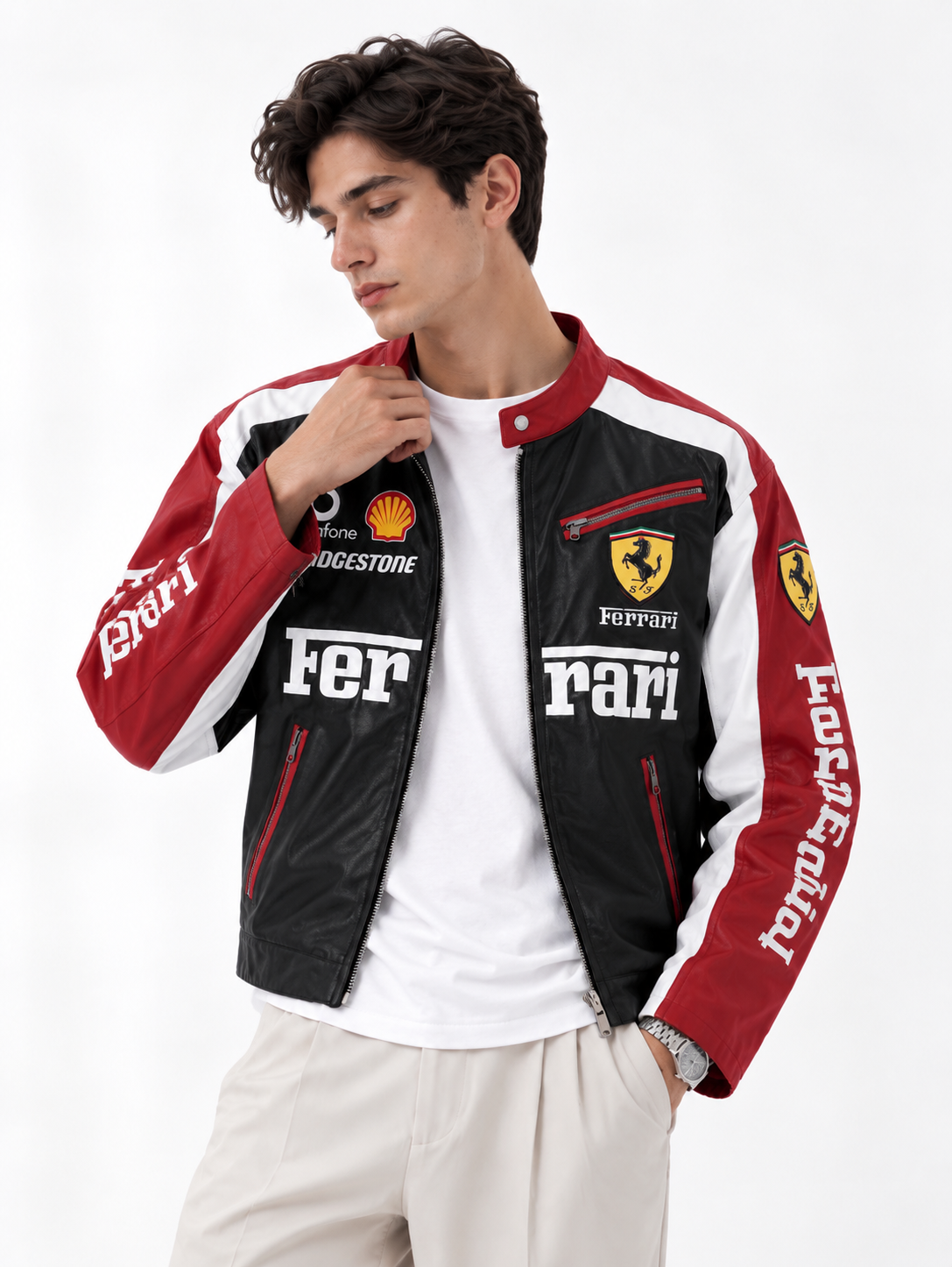 Full streetwear outfit look featuring the heavy, structured faux leather Ferrari racing jacket