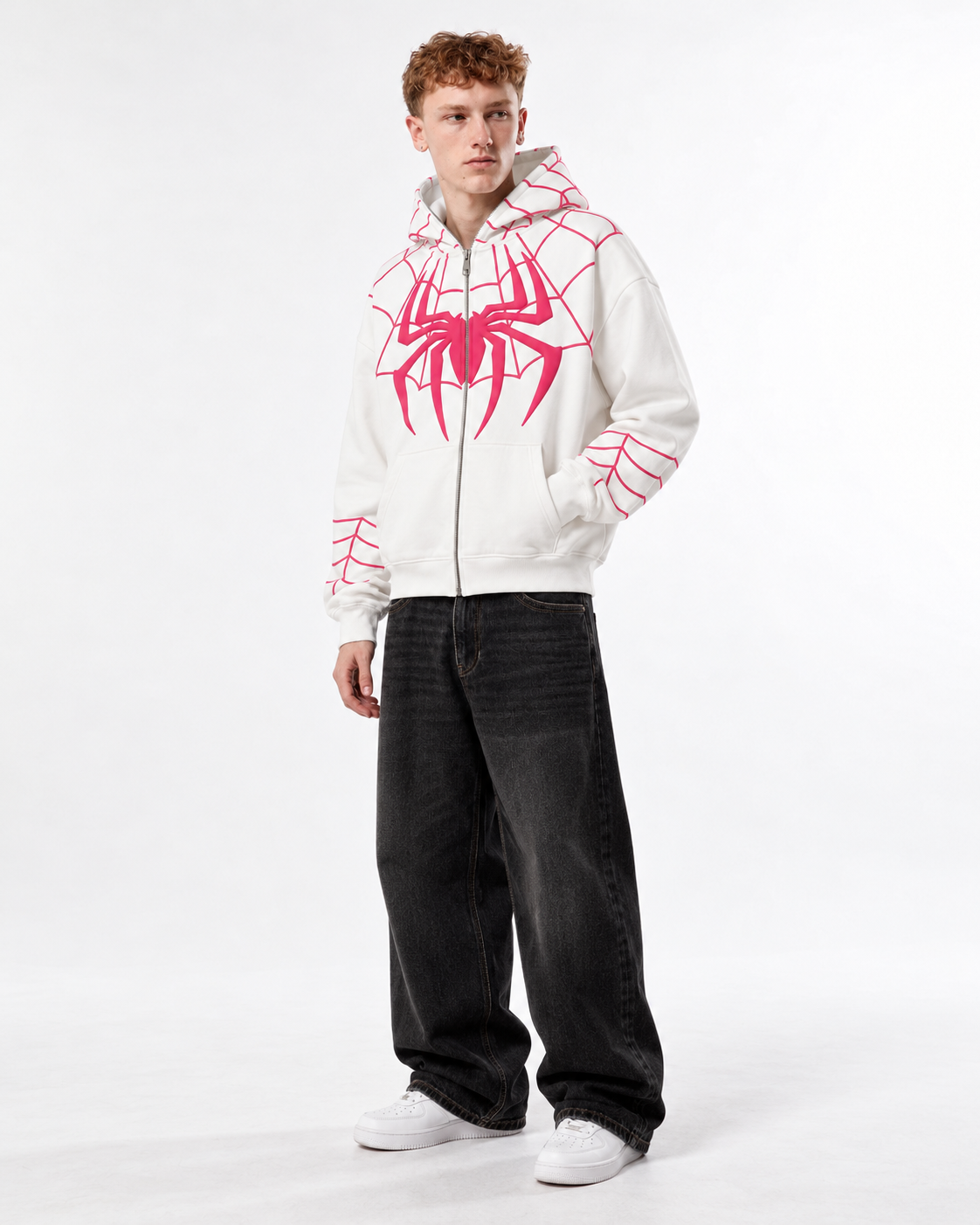 Male model styling the White Spider-Man Full Zip-Up Hoodie, highlighting the oversized unisex fit and heavy front zipper