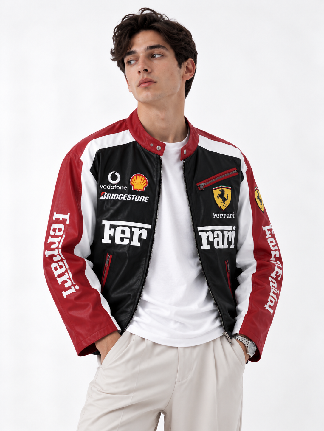 Creative lifestyle shot showing the comfortable, relaxed fit of the premium Formula 1 Ferrari leather jacket