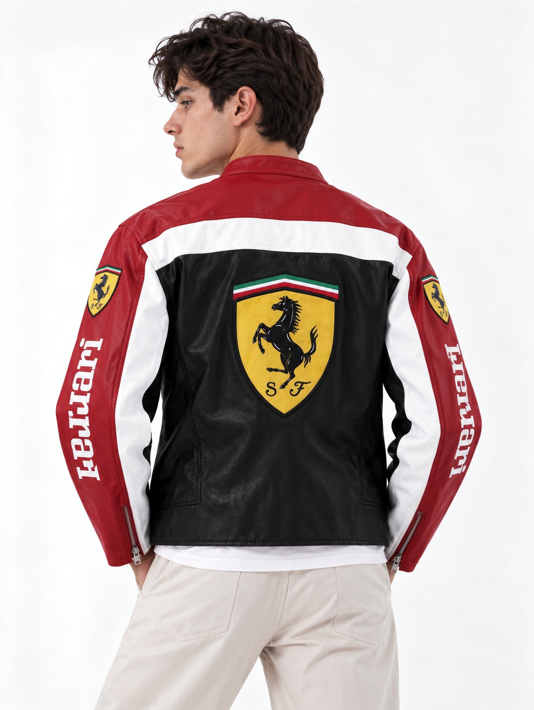 Model styling the unisex Formula 1 Ferrari leather jacket, showing the aggressive, genderless motorsport streetwear aesthetic