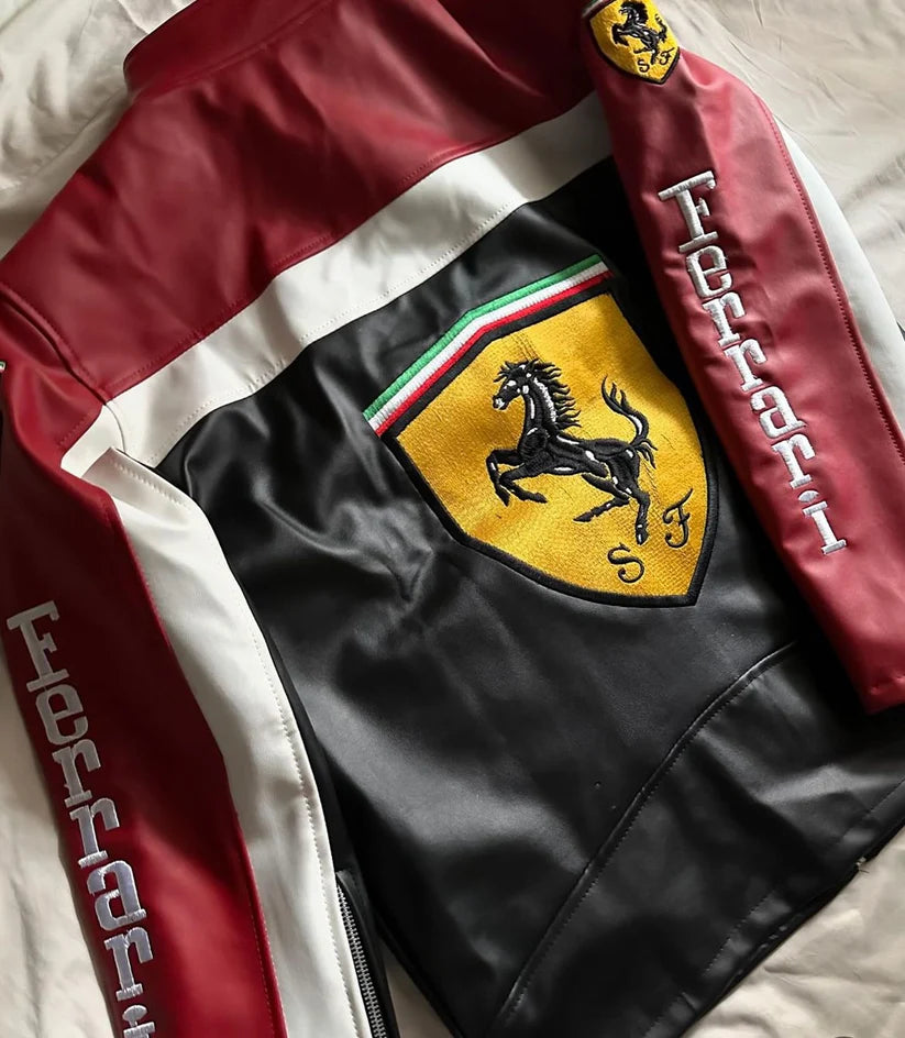 Model styling the unisex Formula 1 Ferrari leather jacket, showing the aggressive, genderless motorsport streetwear aesthetic
