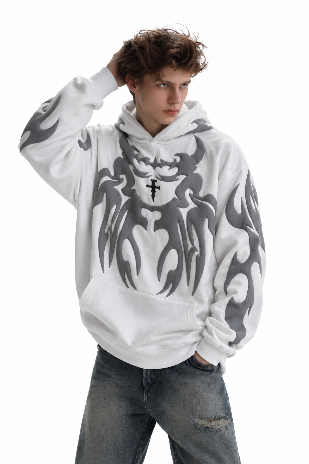 Streetwear styling of the white loosefit hoodie on a boy, showing how the 400 GSM fabric creates a structured heavy drape