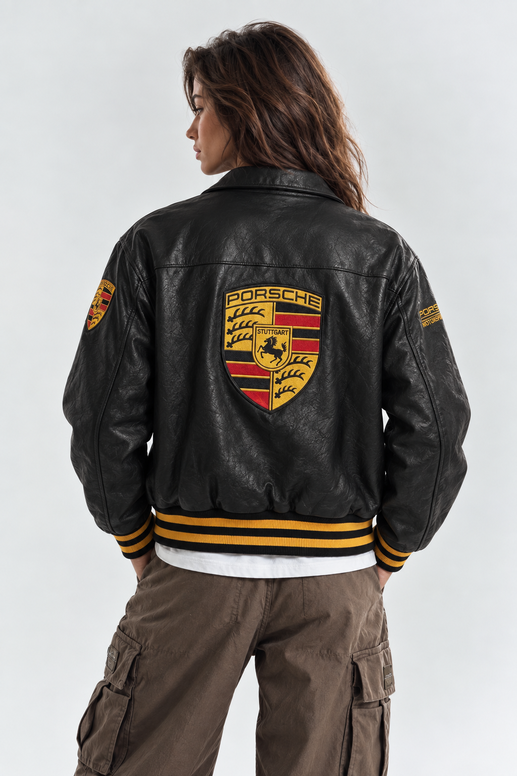 Back view of the girl wearing the Exotix black leather racing jacket, showcasing the highly structured fit and premium vintage embroidery