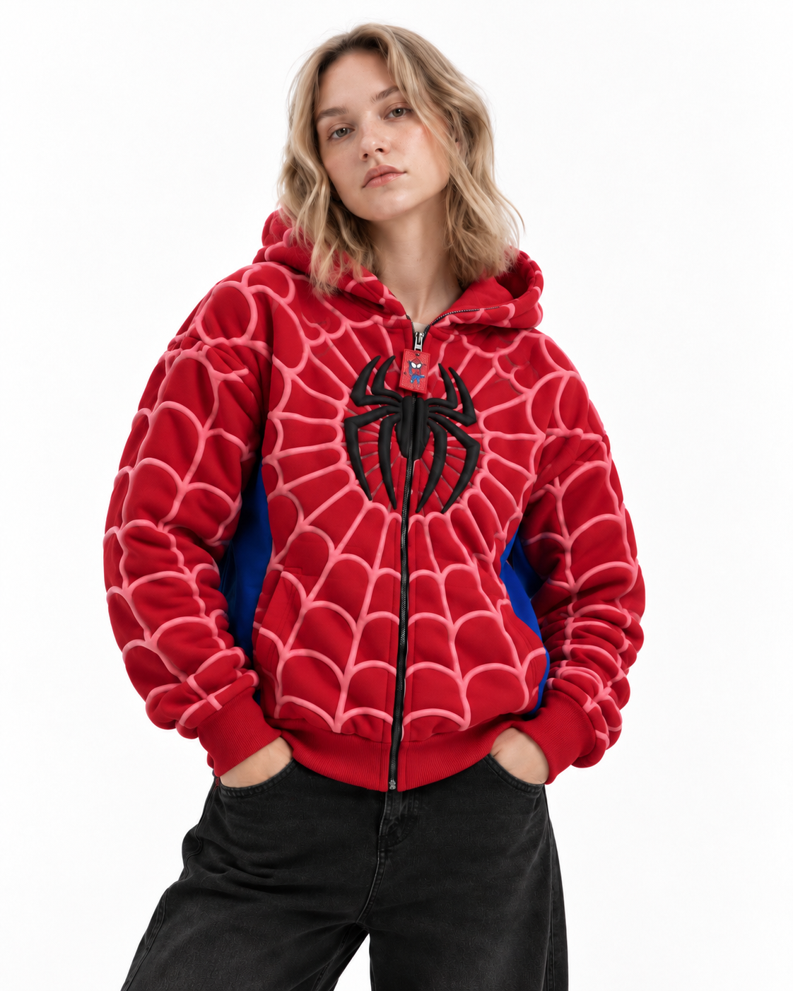 Female model styling the unisex Red Exotix Spidey Hoodie, emphasizing the versatile oversized fit and heavy-duty zipper