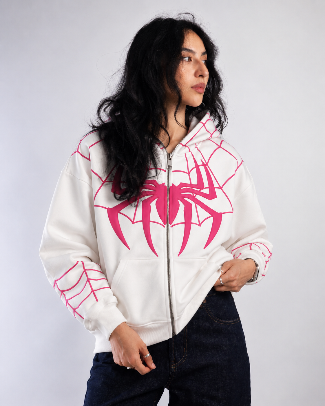 Female model wearing the unisex White Spider-Man streetwear hoodie, demonstrating the relaxed drop-shoulder aesthetic
