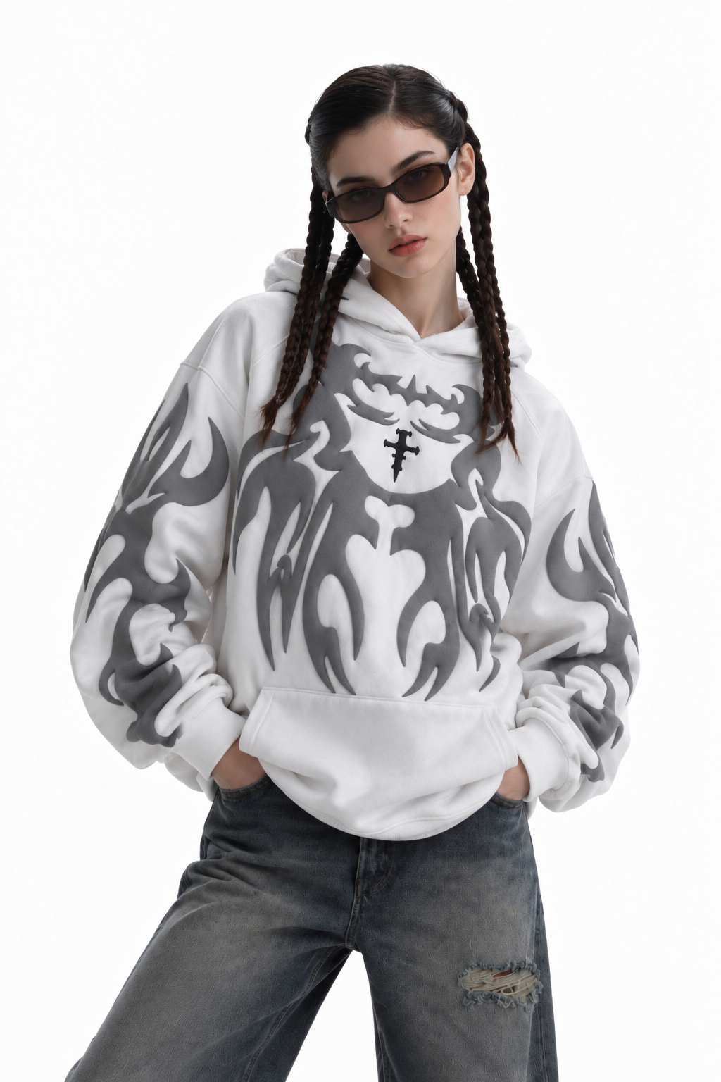 Female model rocking the crisp white Exotix depth hoodie, demonstrating the versatile unisex oversized fit