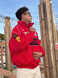 Back profile of the men's red F1 racing jacket demonstrating the large-scale real threadwork and heavy streetwear silhouette