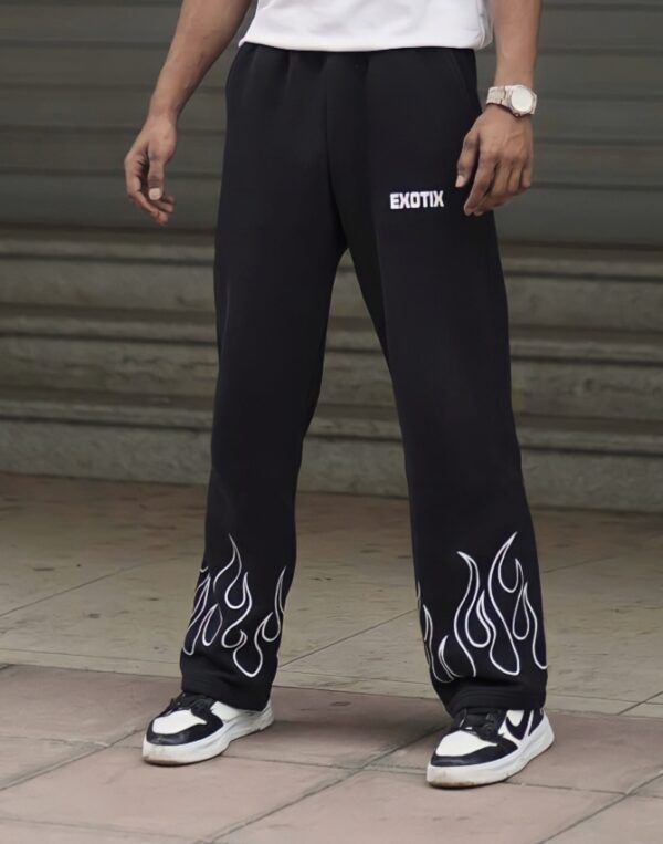 Exotix Flame Printed Black Straight Fit Baggy Pant | Unique Fire Design