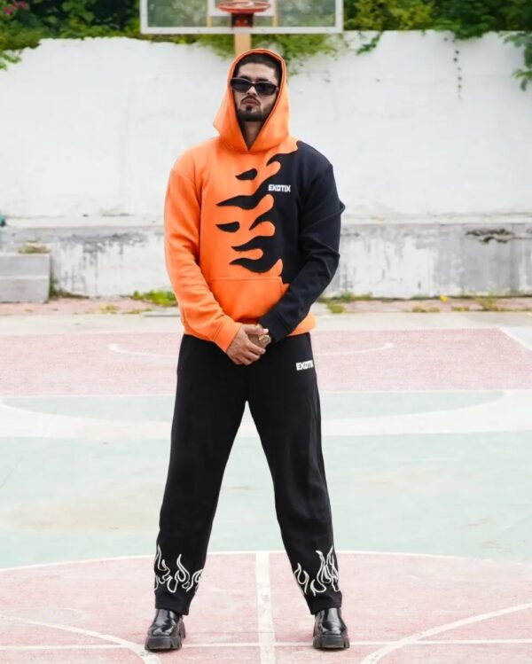 Orange Black Fire Hoodie With Black Fire Track Pant