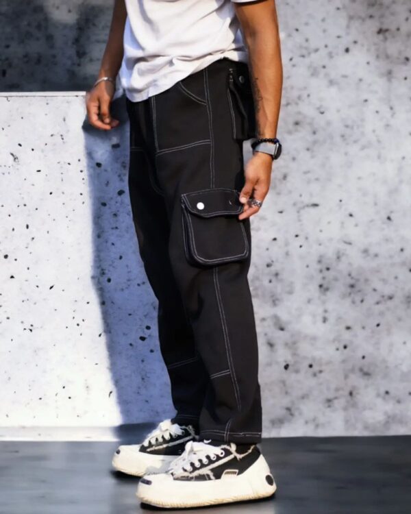 Black Contrast Stitching Straight Aesthetic Baggy Track Pant - Image 3