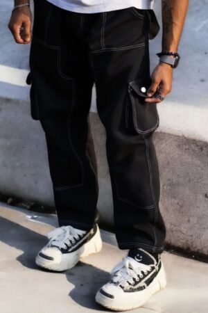 Black Contrast Stitching Straight Aesthetic Baggy Track Pant