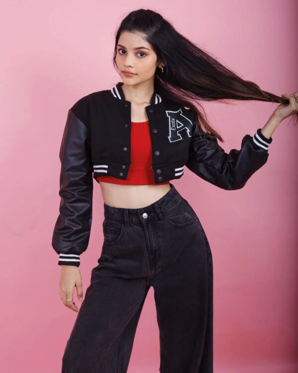 Exotix Black Crop Varsity Jacket For Women