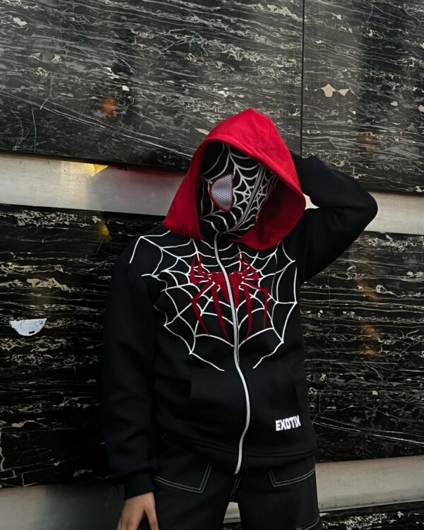 Exotix Black Double Cap Spider Man Full Zip Hoodie