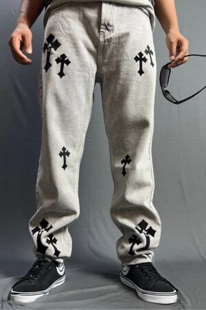 Cross Printed Baggy Jeans Vintage Streetwear Straight Fit Jeans