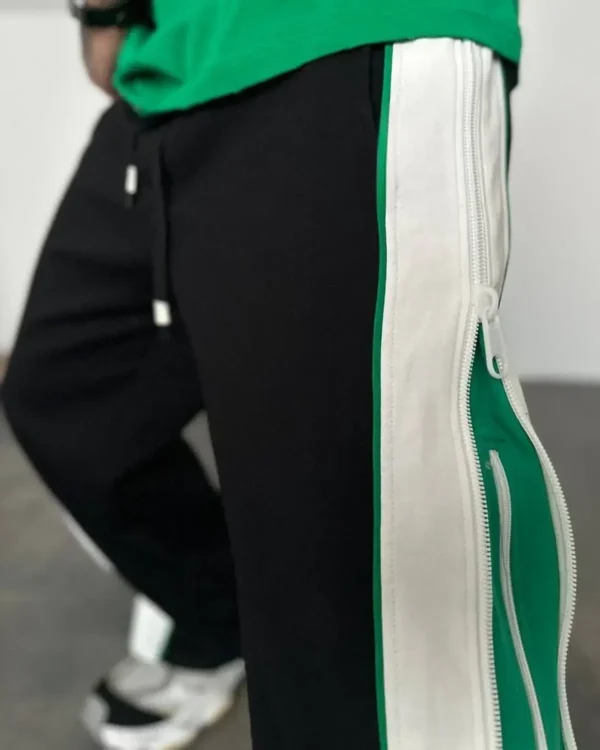 Exotix Green Straight Fit Baggy Pants 3 Way Zip Up Joggers - Image 3