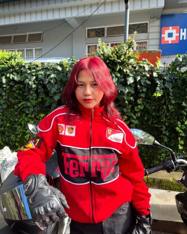 Women’s Red Ferrari F1 Racer Jacket | Chic Motorsport Fashion for Racing