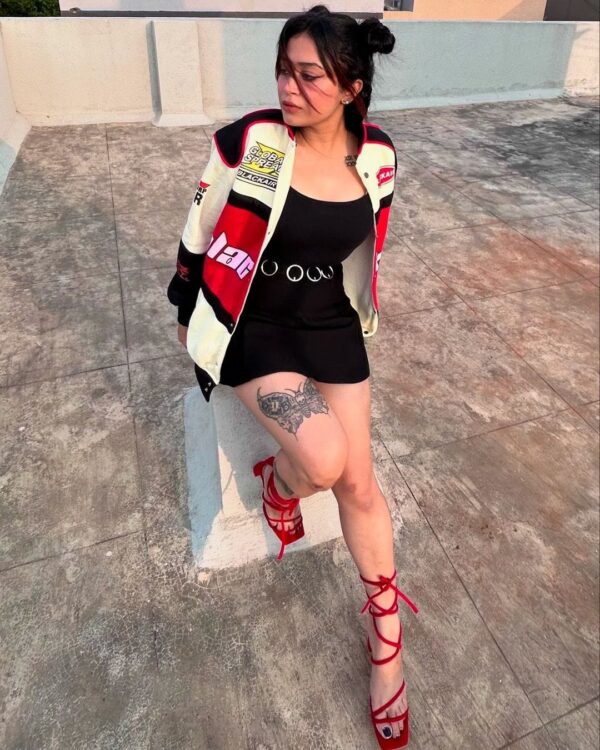 Model wearing Red BlackAir Women's Vintage Racing Jacket, highlighting the tailored fit.