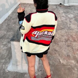 Back view of Red BlackAir Classic Vintage Pro Racing Jacket for Women showcasing iconic racing details.