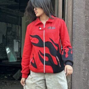 Ignite your wardrobe with the Exotix Red Flame Patch Jacket