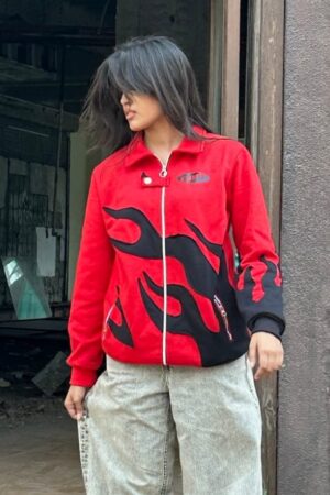 Ignite your wardrobe with the Exotix Red Flame Patch Jacket