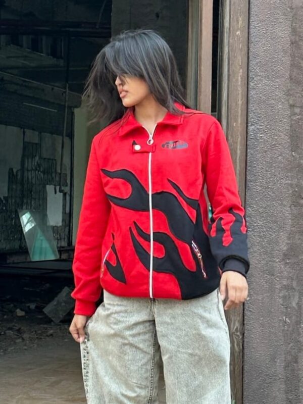 Ignite your wardrobe with the Exotix Red Flame Patch Jacket