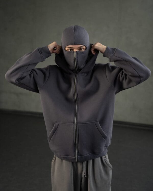 Close-up of the Unisex Ninja Dark Grey Balaclava Hoodie’s fabric