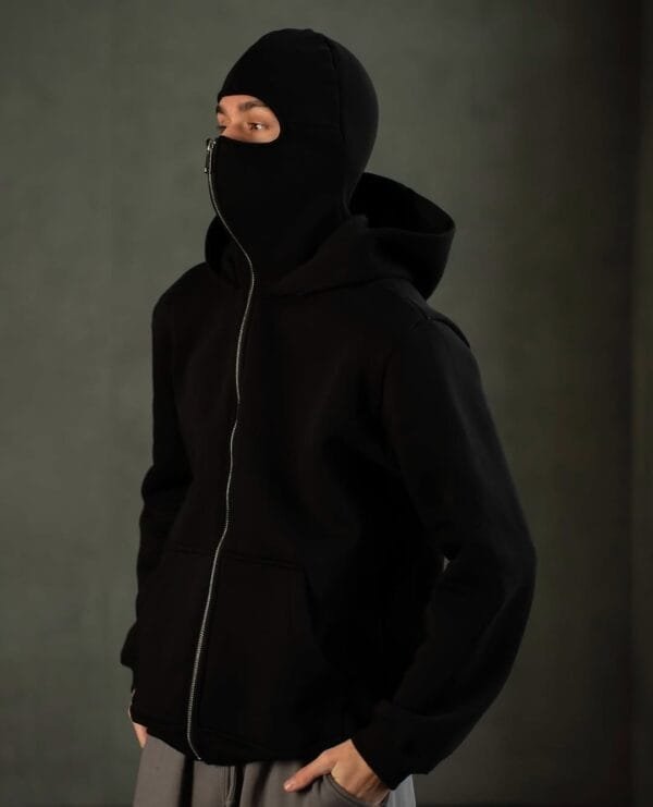 Front view of the Unisex Ninja Balaclava Hoodie on a mannequin