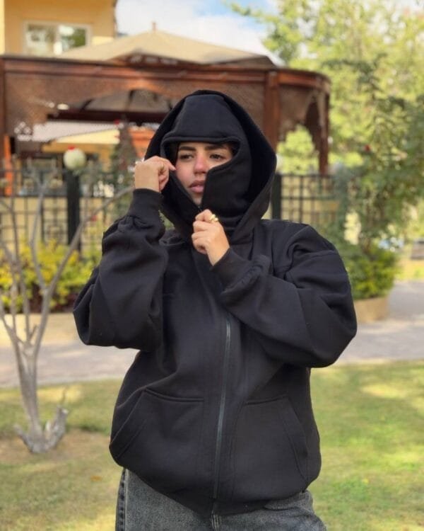 Unisex Ninja Black Balaclava Hoodie in various colors laid flat