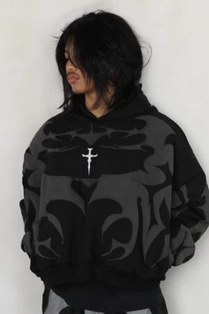 Exotix Tribal Shadow Delta Hoodie front view showcasing its bold 3D puff print design and urban streetwear style