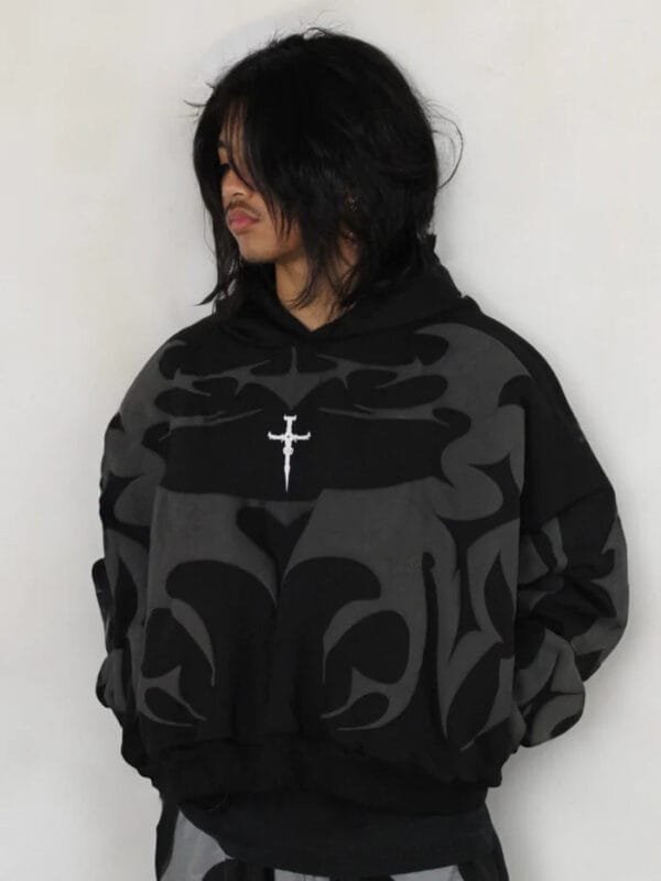 Exotix Tribal Shadow Delta Hoodie front view showcasing its bold 3D puff print design and urban streetwear style